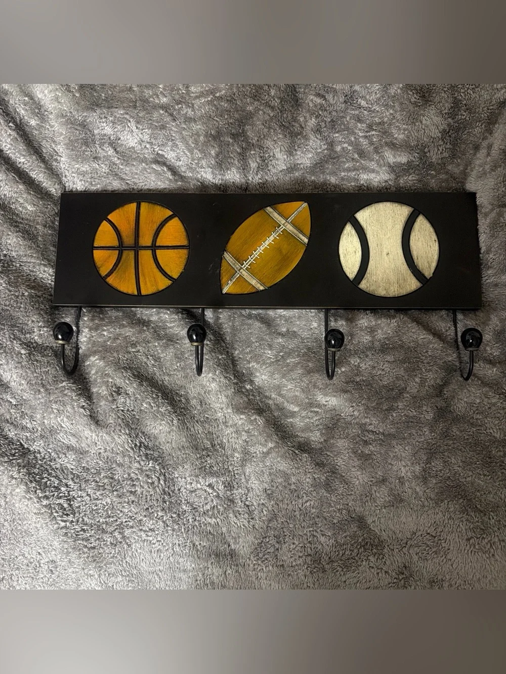Sports Ball Wall Hook Rack - Black with Orange and Cream Accents 19.5 x 5.5 wood